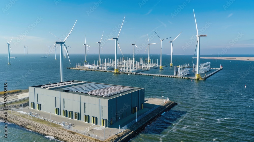 Offshore wind farm with turbines and substation. Offshore wind farm with turbines and substation.