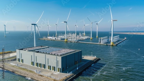 Offshore wind farm with turbines and substation. photo