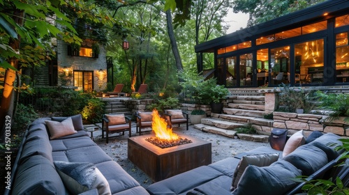 Luxurious outdoor patio with fire pit and cozy seating arrangement. photo