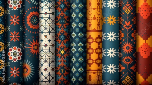 A set of nine different colored patterns