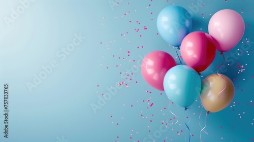 Colorful balloons with pink confetti on a blue background.