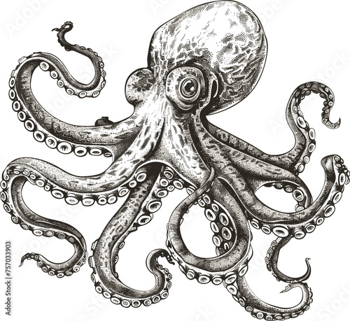 Vector illustration of an octopus drawn by hand with ink, in black and white, set against a white background.
