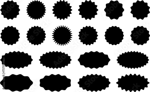 Starburst sticker set, collection of special offer sale oval and round shaped sunburst labels and badges. Promo stickers and badges, seal, stamp, print with star edges. Vector.