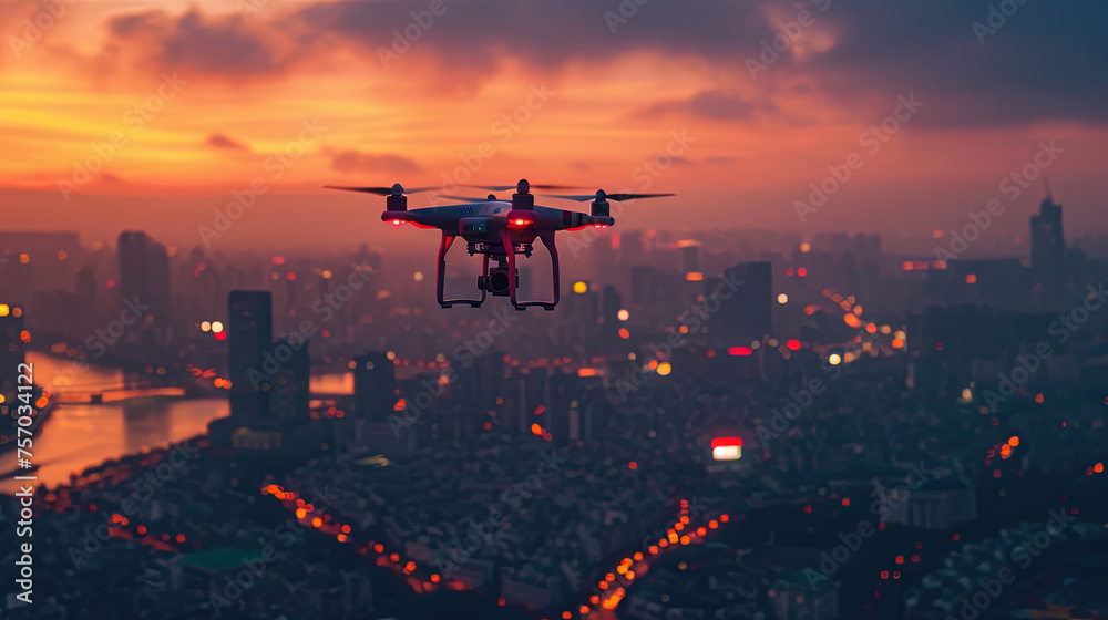 A drone soaring above the urban landscape, sunset background A drone soaring above the urban landscape, sunset background
