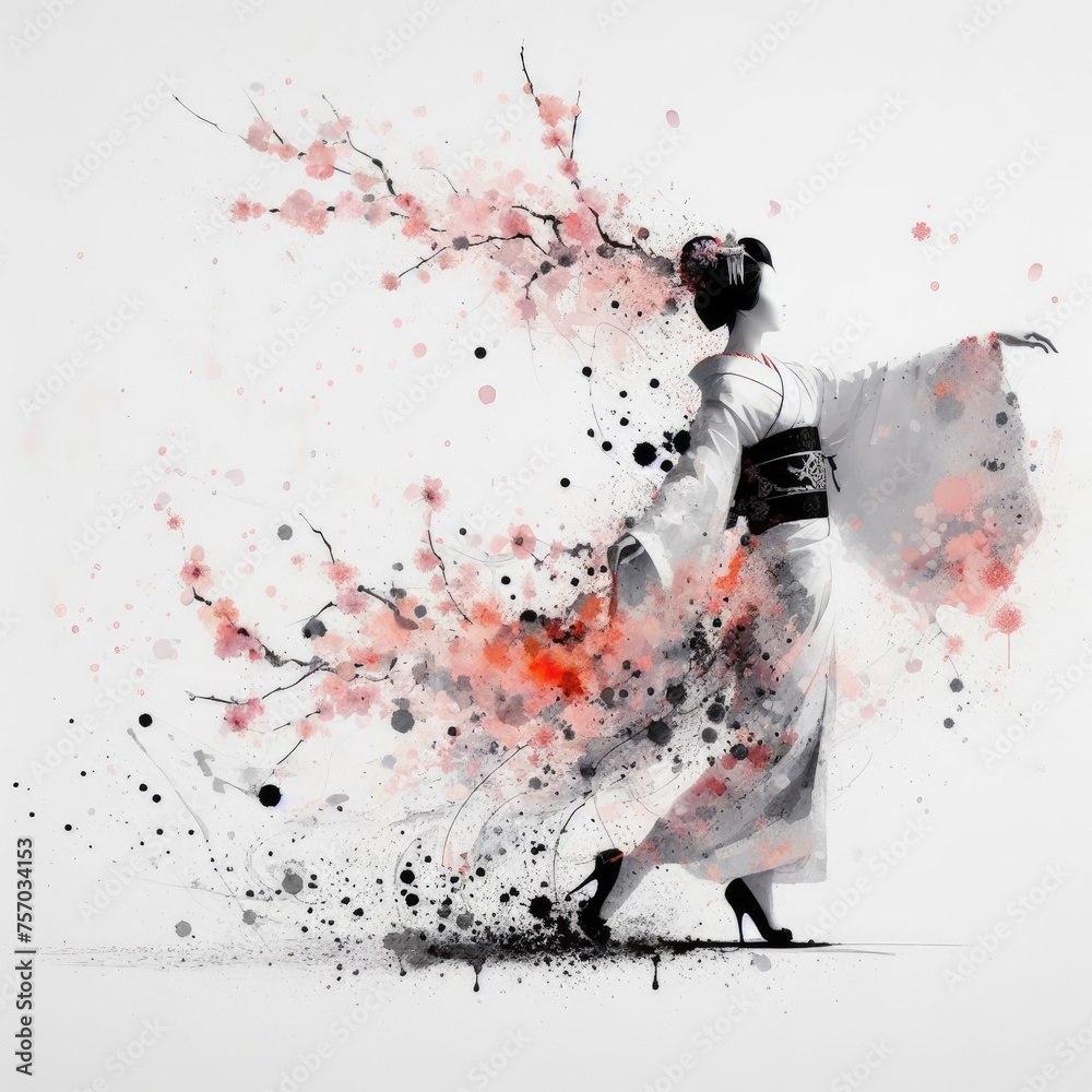 Japanese geisha in kimono dress in splash ink painting with Generative AI.