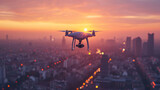 A drone soaring above the urban landscape.