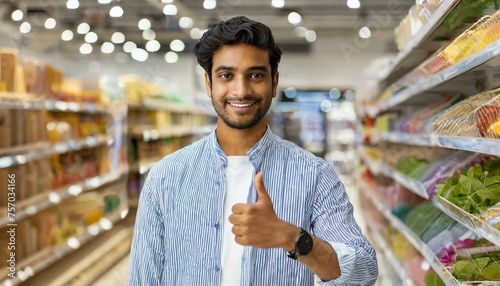 Smiling Merchant, shop keeper at groceries store thumbsup  looking at camera  photo
