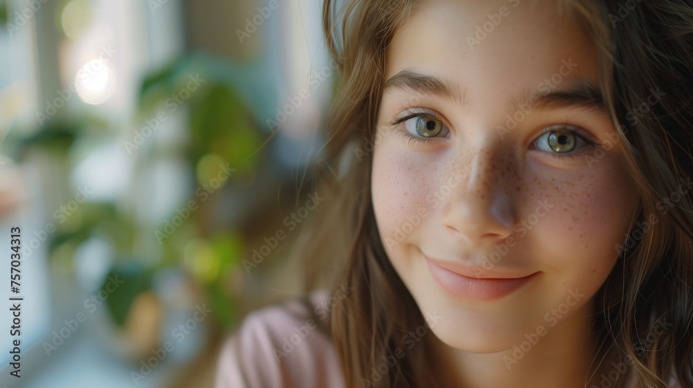 Obraz premium Create a captivating image featuring a confident teenage girl looking directly at the camera with a warm smile. 
