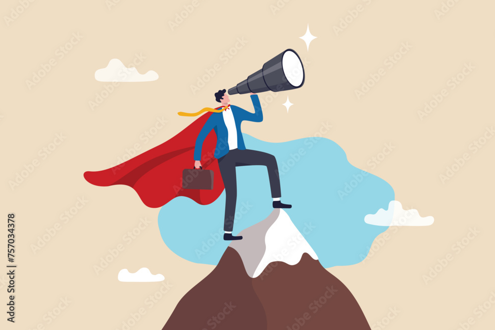 Business vision to see journey to success, discovery new opportunity, looking for jobs, future success or career goal, leadership mission concept, businessman lookout telescope on top mountain peak. - obrazy, fototapety, plakaty 