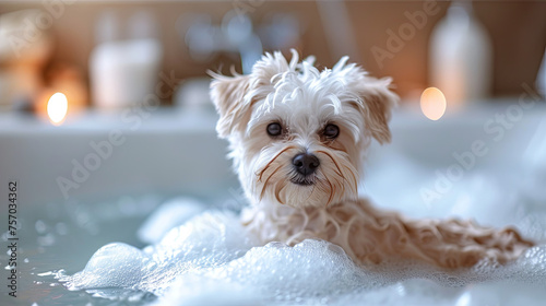 Little maltipu bath in the white bathtube with shampoo, pet care