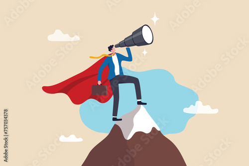 Business vision to see journey to success, discovery new opportunity, looking for jobs, future success or career goal, leadership mission concept, businessman lookout telescope on top mountain peak. photo