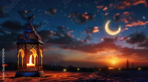 Traditional lantern on desert sand with sunset and crescent moon.