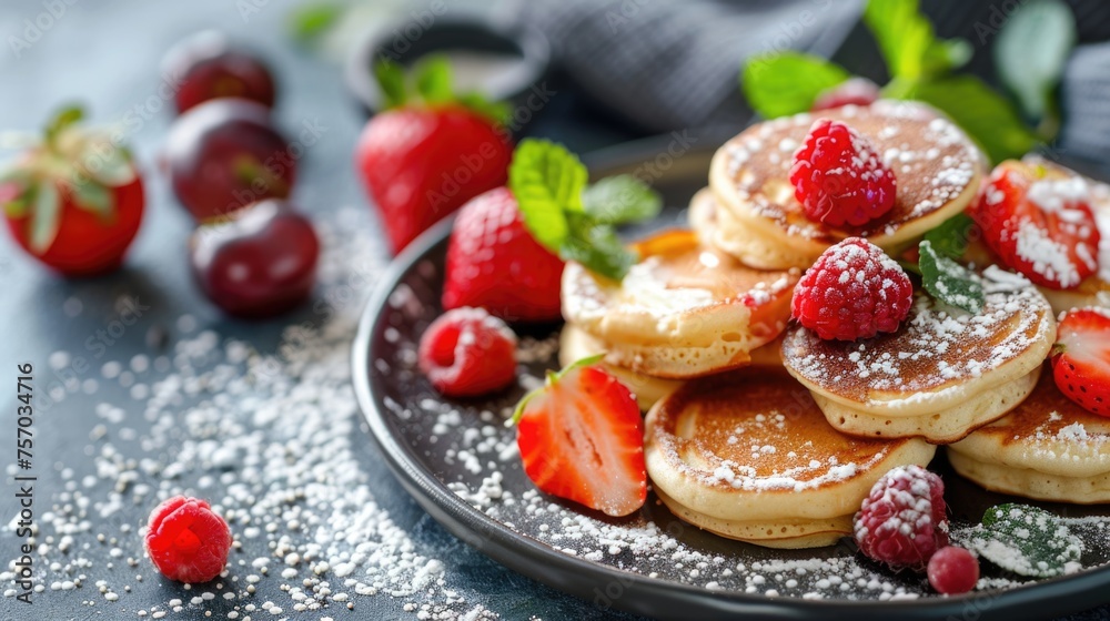 Pancakes with fresh berries and powdered sugar on dark background.