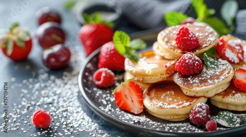 Pancakes with fresh berries and powdered sugar on dark background.