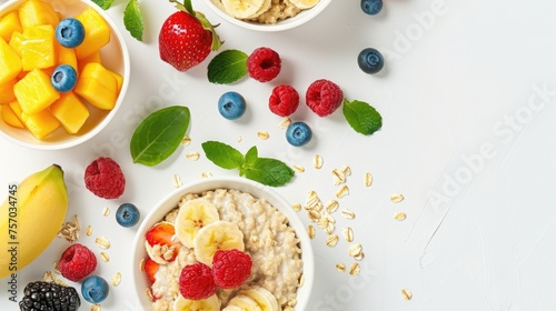 Oatmeal with fruits and berries, white bowls on white background, top view with copy space