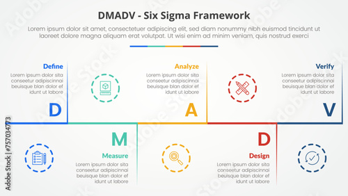DMADV six sigma framework methodology concept for slide presentation with horizontal timeline up and down with vertical separator with 5 point list with flat style