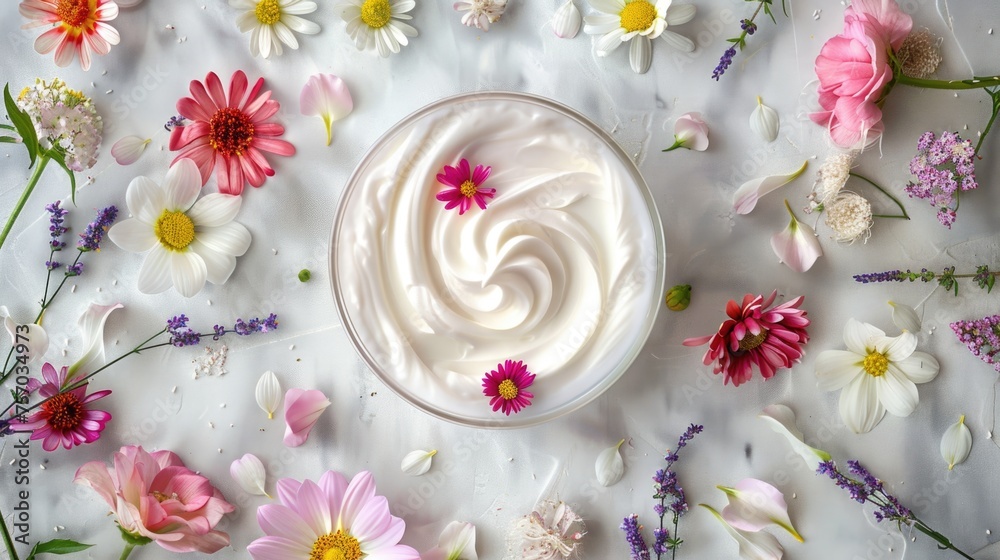 Cosmetic cream with spring flowers on a flat lay. Natural skincare and wellness concept Cosmetic cream with spring flowers on a flat lay. Natural skincare and wellness concept