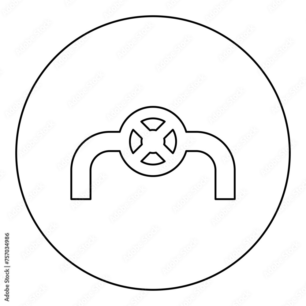 Pipe with valve pipeline with fitting tap flow control industry system icon in circle round black color vector illustration image outline contour line thin style