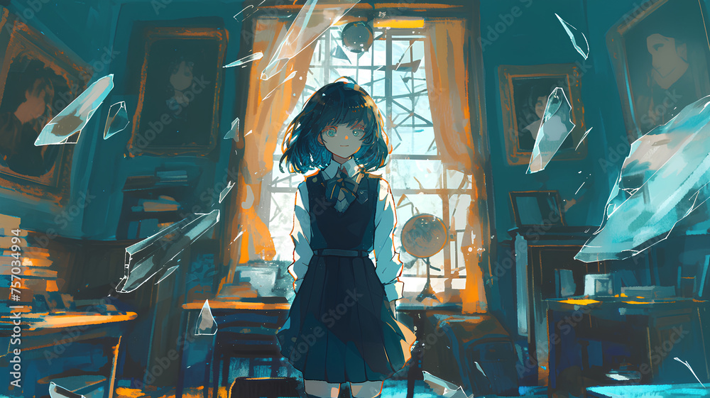 school uniform anime girl in the middle, broken glass background - obrazy, fototapety, plakaty 