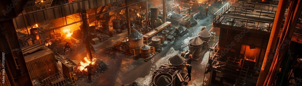 High-angle shot of a busy foundry