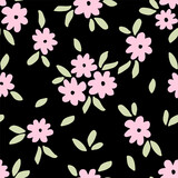 Simple floral vector seamless pattern. Pink flowers, green leaves on a black background. For prints of fabrics, textiles, packaging. Spring summer collection.