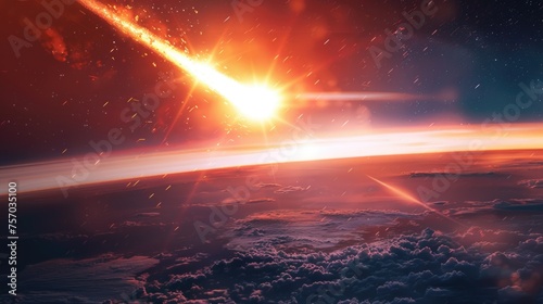 Illustration of a meteor shower with explosion effect in space.