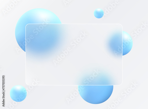 Glass morphism landing page. Credit card template with blue spheres on a white background.