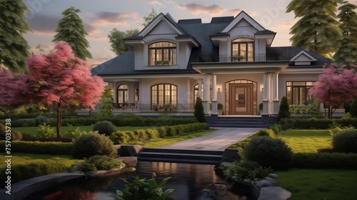 Create a captivating image of a beautiful home exterior, showcasing elegant architecture, lush landscaping, and perfect lighting, emphasizing the harmony between the house and its surroundings 