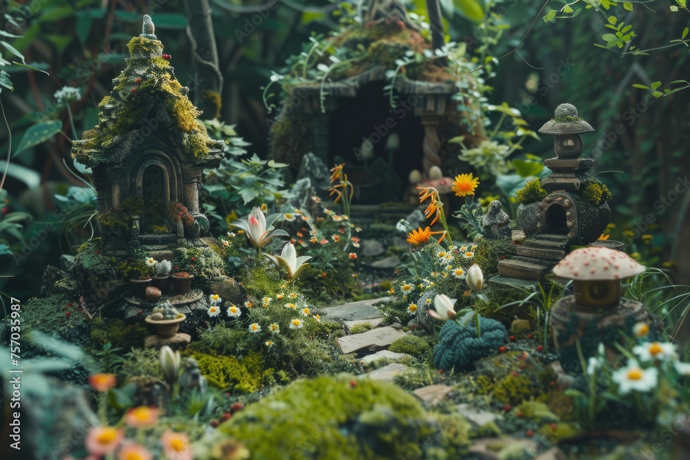 Fototapeta premium Fantasy garden digital art with flowers, stairway, and mystical trees.