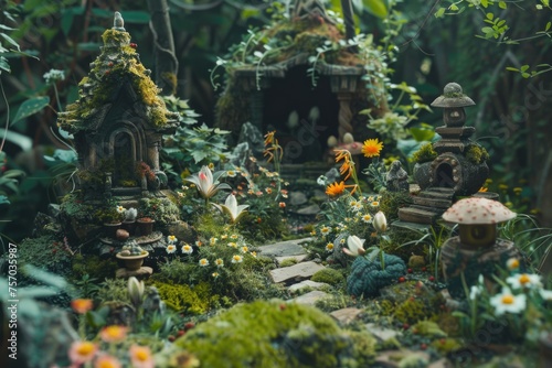 Fantasy garden digital art with flowers, stairway, and mystical trees. © Julia Jones