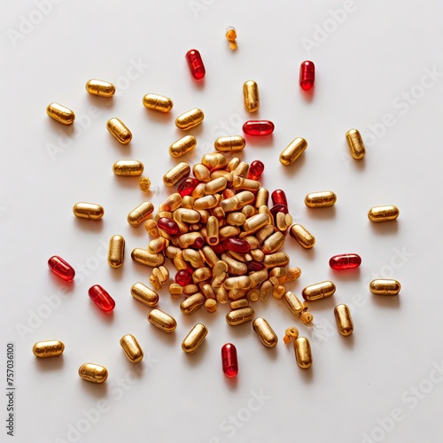 Top view of a textural pile of red and yellow antibiotic capsule pills. production of pharmaceuticals, a white background, and a dog consuming a capsule] photo