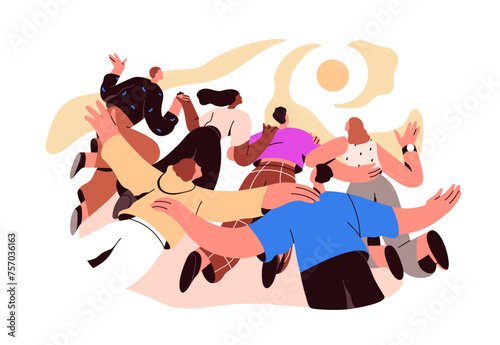 Future goal, aspiration concept. Characters group aspiring to common aim, objective, target, success. People dreamers dreaming together. Flat graphic vector illustration isolated on white background