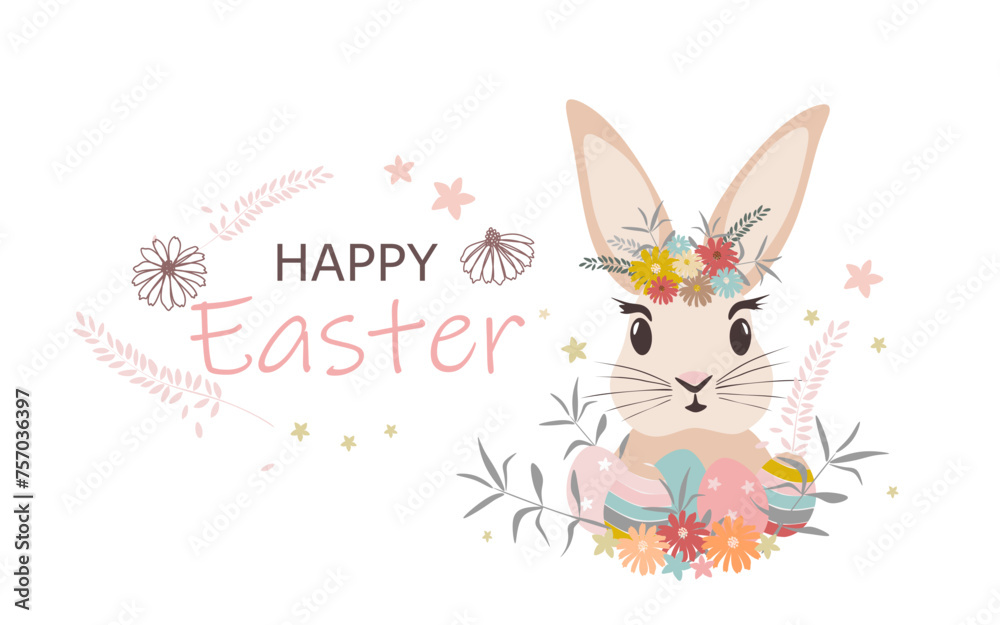 Vector illustration. Happy Easter. Postcard with cute Easter bunny, eggs, spring flowers in pastel colors isolated on white background. Vector illustration. Happy Easter. Postcard with cute Easter bunny, eggs, spring flowers in pastel colors isolated on white background.