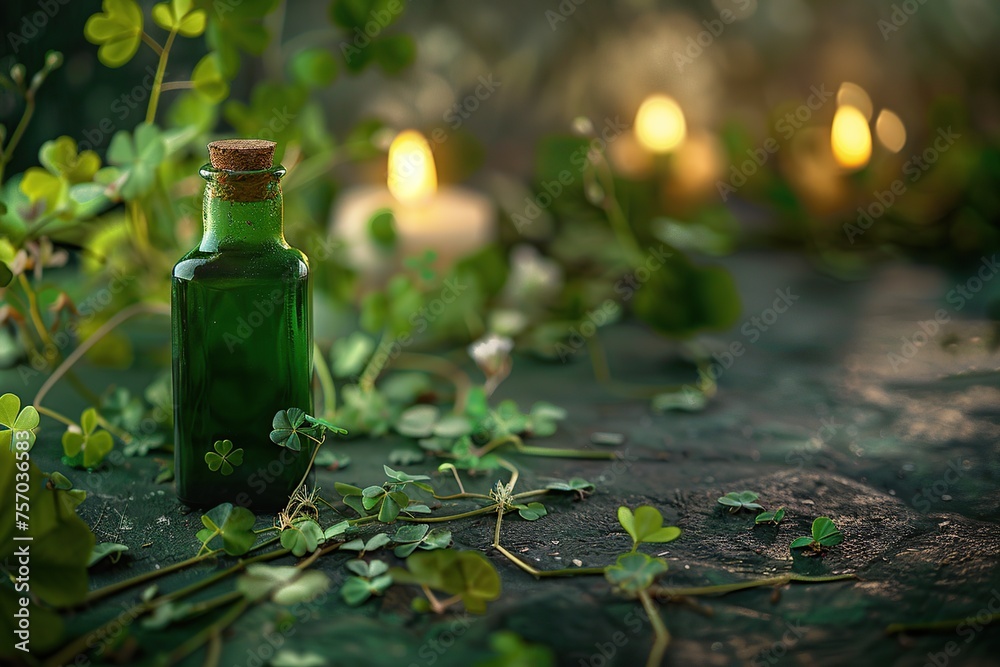 Bottle of essential oil with clover leaves and candles on dark background Bottle of essential oil with clover leaves and candles on dark background