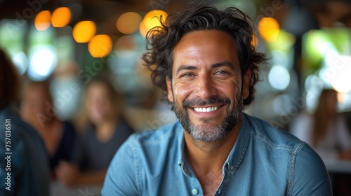 Smiling mature man in a cafe with a bokeh light background.