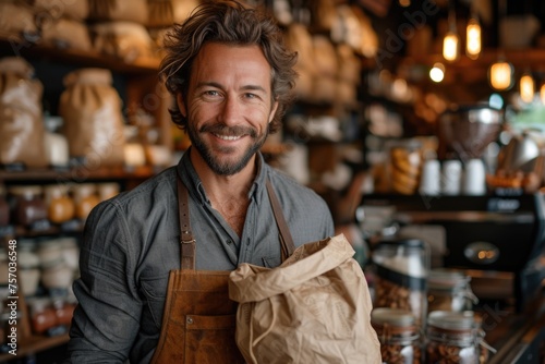 Smiling male baker holding a paper bag in a rustic bakery shop.