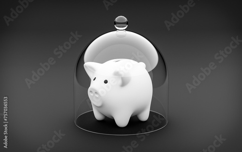 White piggy bank kept safe under glass cloche. 3d rendering of a safe savings or investment