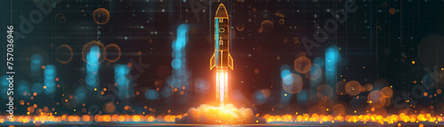 A Bitcoin rocket defies gravity, soaring through a digital technology matrix.