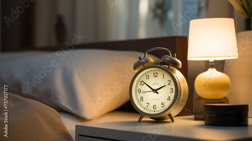 Alarm clock stands on the bedside table near the bed