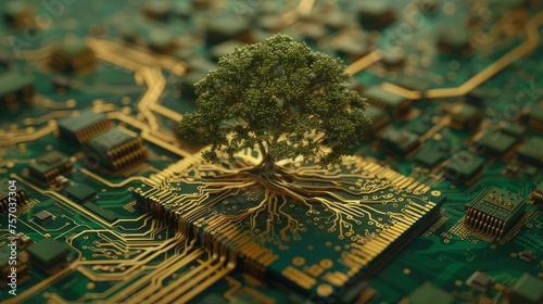 tree on the top of the circuit board with green background, in the style of terragen, dark gold and azure, sustainable architecture, landscape-focused, 3840x2160, nature morte, rtx on photo