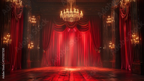 A stage with a chandelier and red curtains.