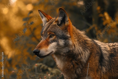 The red wolf, or mountain wolf, is a predatory mammal of the canid family in its natural habitat photo