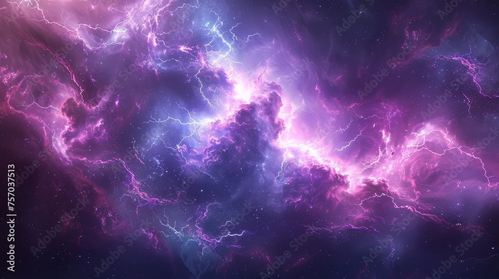A striking image of a cloud filled with purple and blue lightning  - obrazy, fototapety, plakaty 