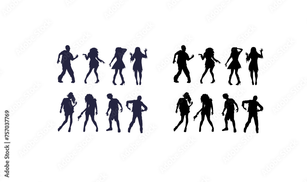 zombies silhouettes set, walk,  model, body,  woman, silhouette, people, vector, collection, zombie icon set, zombie silhouette group, zombie illustration vector,