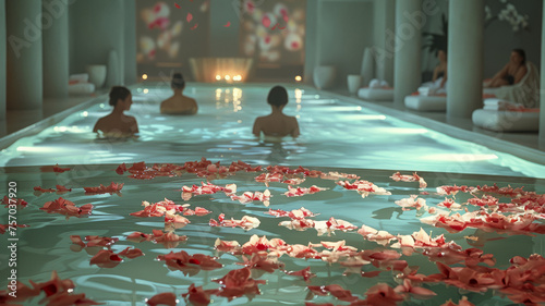 People in a serene spa pool with petals