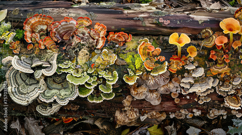 Vibrant panorama of varied fungi on a decaying log, highlighting the vital roles these organisms play in our ecosystem. photo