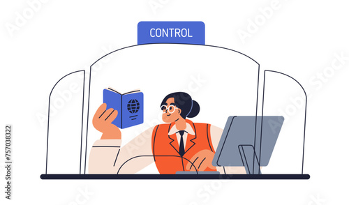 Passport and border control. Officer checking ID document, visa. Migration security at checkpoint. Official worker, airport inspector on duty. Flat vector illustration isolated on white background