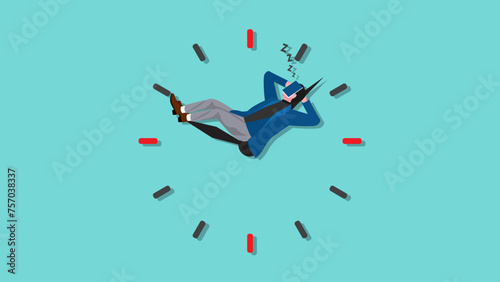 delaying work or wasting time, laziness to do a task or job, lazy businessman sleeping soundly on clockwork with a book covering his face concept vector illustration