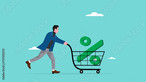 big discounts or increased dividends from stock investments with happy businessman carrying big percentage icon in shopping cart, stock market rising up from economic recovery concept illustration