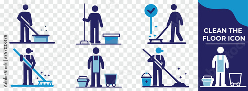 Floor mop icons. Mop And Bucket symbol. Cleaning service signs, vector illustration